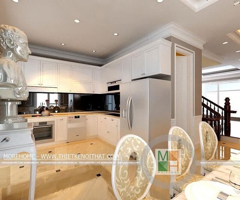 Thiết kế nội thất phòng bếp gỗ tân cổ điển, mặt tường bếp ốp đá màu đen cao cấp tạo không gian sạch sẽ và thoải mái Thiết kế nội thất phòng bếp biệt thự