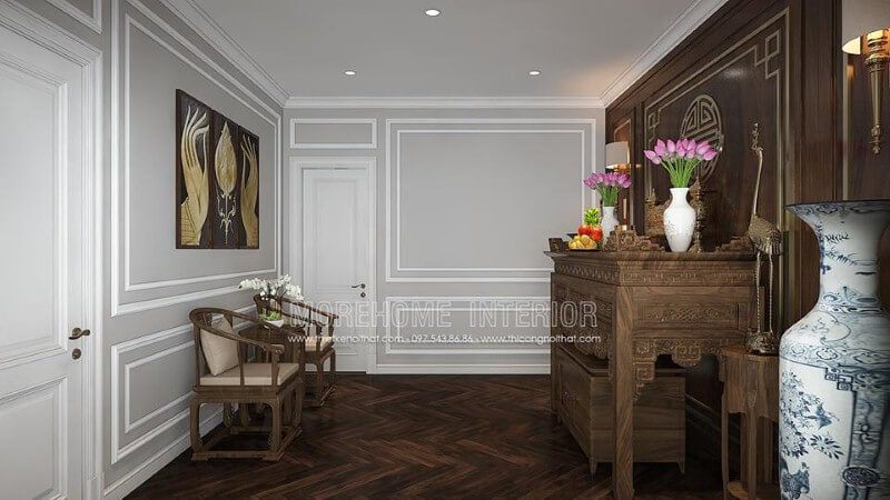Thiết kế nội thất phòng thờ đẹp, trang trọng hợp phong thủy từ nội thất gỗ óc chó cao cấp.