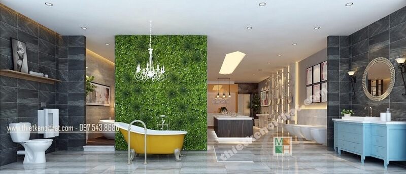Thiết kế nội thất showroom thiết bị vệ sinh cao cấp với 2 bức tượng ốp gạch màu xám nổi bật cùng với gương trang trí tạo nên không gian nổi bật