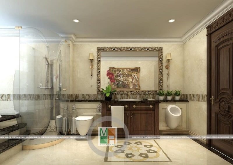 Gia chủ thích thiết kế phòng tắm sang trọng bằng cách sử dụng vách tắm kính kết hợp với đồ nội thất và các thiết bị vệ sinh hiện đại.