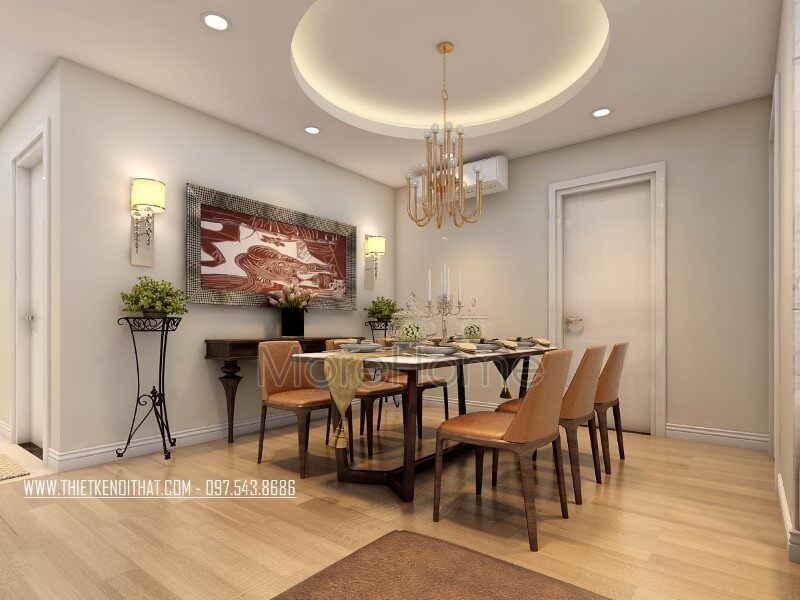 Với tone màu chủ đạo nâu sữa nhẹ đồng bộ và kết hợp hài hòa với các sắc màu sử dụng xuyên suốt không gian, góp phần tạo một thể không gian nội thất phòng ăn chung cư thống nhất, hài hòa và cân bằng. Thiết kế nội thất phòng ăn chung cư