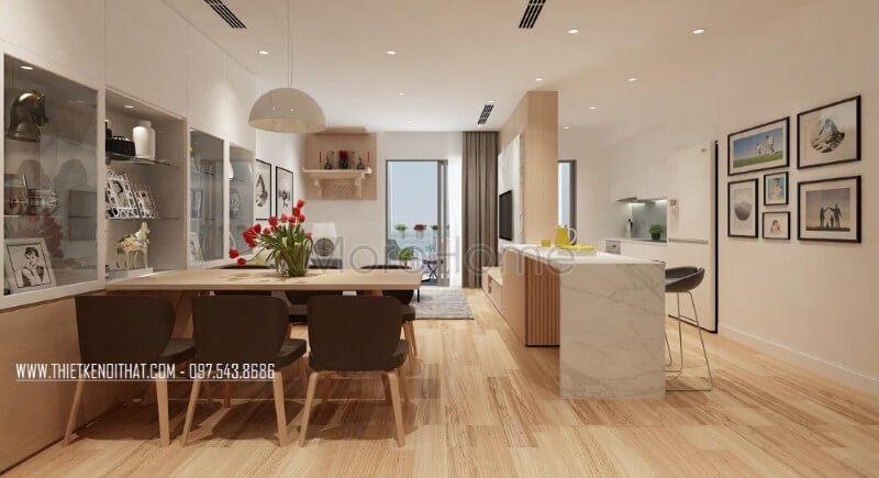 Nội thất phòng ăn liền kề khu vực phòng bếp tạo điều kiện thuận lợi cho gia chủ trong quá trình dùng bữa Thiết kế nội thất phòng ăn chung cư
