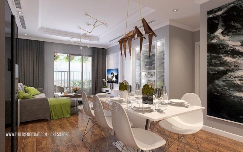 Nội thất phòng ăn hiện đại được thiết kế liền kề với không gian sinh hoạt chung tạo sự thuận tiện cho gia chủ Thiết kế nội thất phòng ăn chung cư