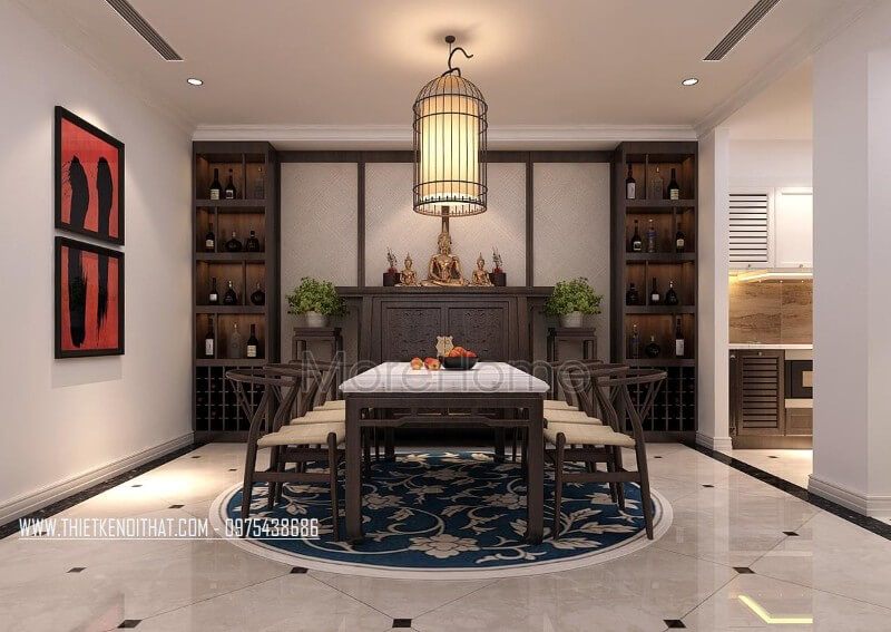 Phòng ăn được bố trí hợp lí ngay khi vực sinh hoạt chung của gia chủ, đảm bảo thuận tiện hơn trong quá trình dùng bữa cũng như là tiếp đãi khách tới chơi nhà những bữa ăn ngon miệng Thiết kế nội thất phòng ăn chung cư
