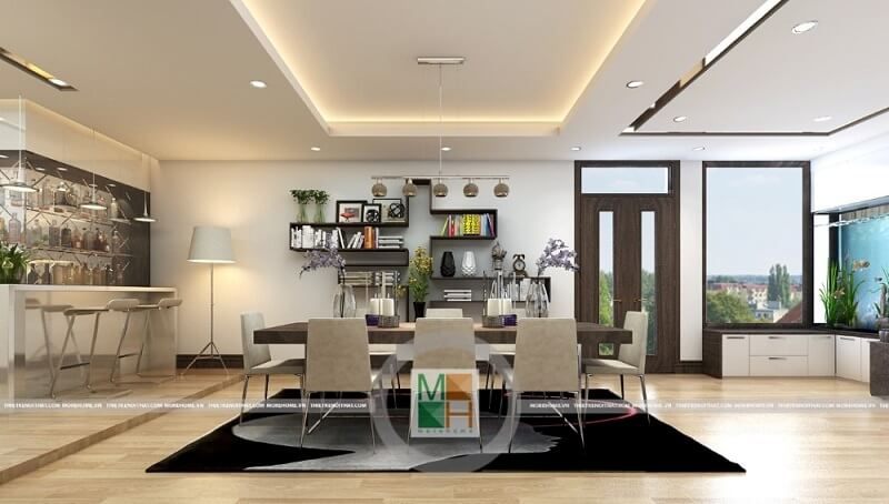 Đồ nội thất phòng ăn chung cư với kiểu dáng hiện đại, nhỏ gọn giúp tiết kiệm diện tích không gian mà vẫn mang đến vẻ đẹp tinh tế, cao cấp Thiết kế nội thất phòng ăn chung cư