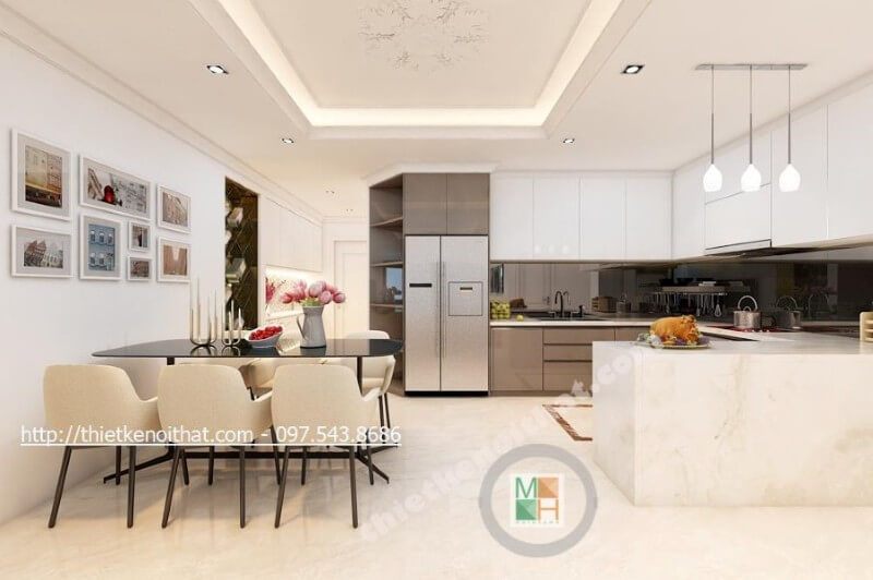 Nội thất phòng ăn chung cư liền kề với không gian nhà bếp, giúp cho quá trình nấu nướng tới dùng bữa nhanh chóng hơn Thiết kế nội thất phòng ăn chung cư