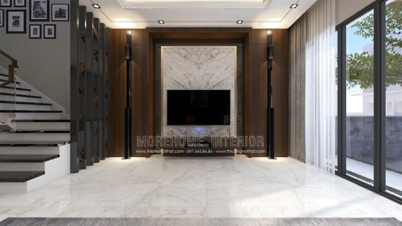 Mẫu đá ốp tường đối vân đẹp, sang trọng dành cho không gian phòng khách biệt thự hiện đại cao cấp. Danh sách các mẫu thiết kế đá ốp tường phòng khách đẹp