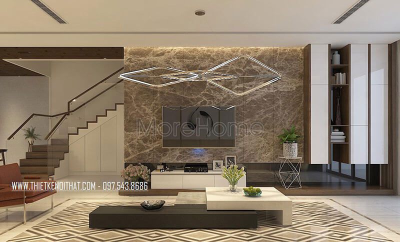 Thiết kế nội thất phòng khách hiện đại kết hợp giữa màu trắng và mảng trường màu tối bằng đá tự nhiên cao cấp tạo sự hài hòa, sang trọng Danh sách các mẫu thiết kế đá ốp tường phòng khách đẹp