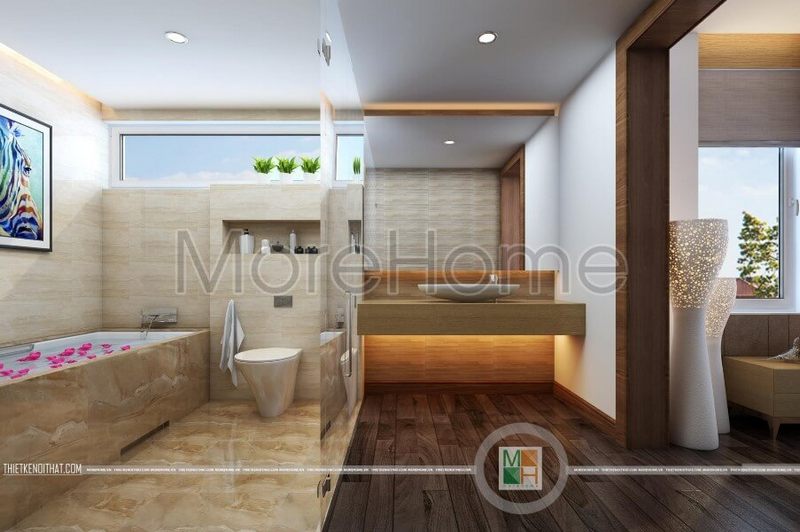 Phòng tắm được thiết kế rộng, riêng biệt được phân cách các khu vực với nhau bằng cửa trượt kính cường lực