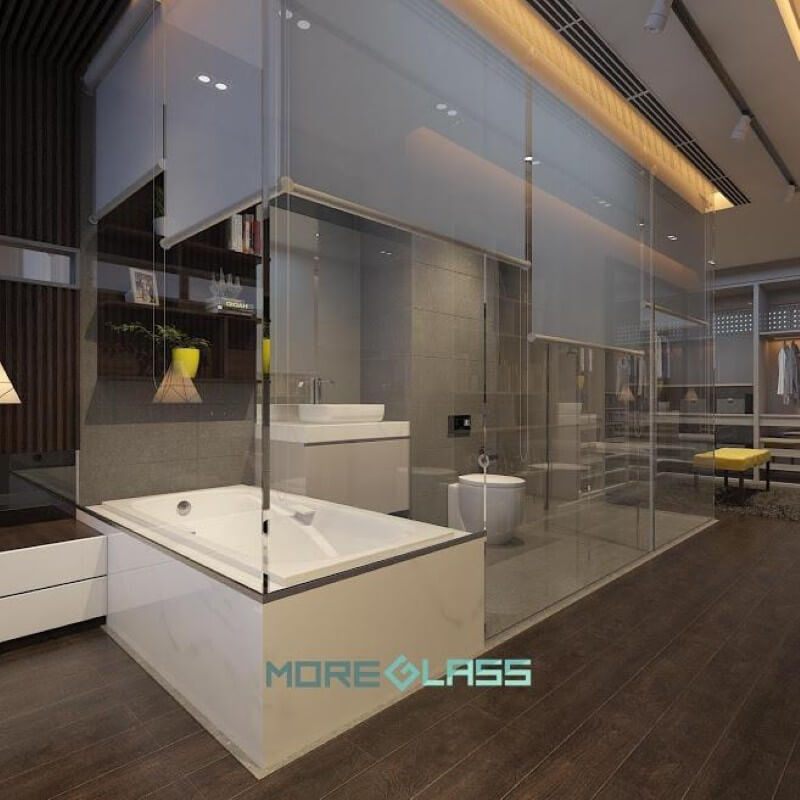 Trang trí phòng tắm biệt thự cao cấp với kính cường lực an toàn mang phòng cách hiện đại