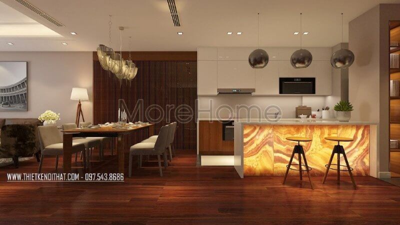 Mẫu tủ bếp chung cư hiện đại kết hợp sư dụng tone màu trắng ấn tượng mang đến cảm giác sạch sẽ, tinh tế nhẹ nhàng, tạo cảm giác cơi nới cho không gian. Tủ bếp chung cư