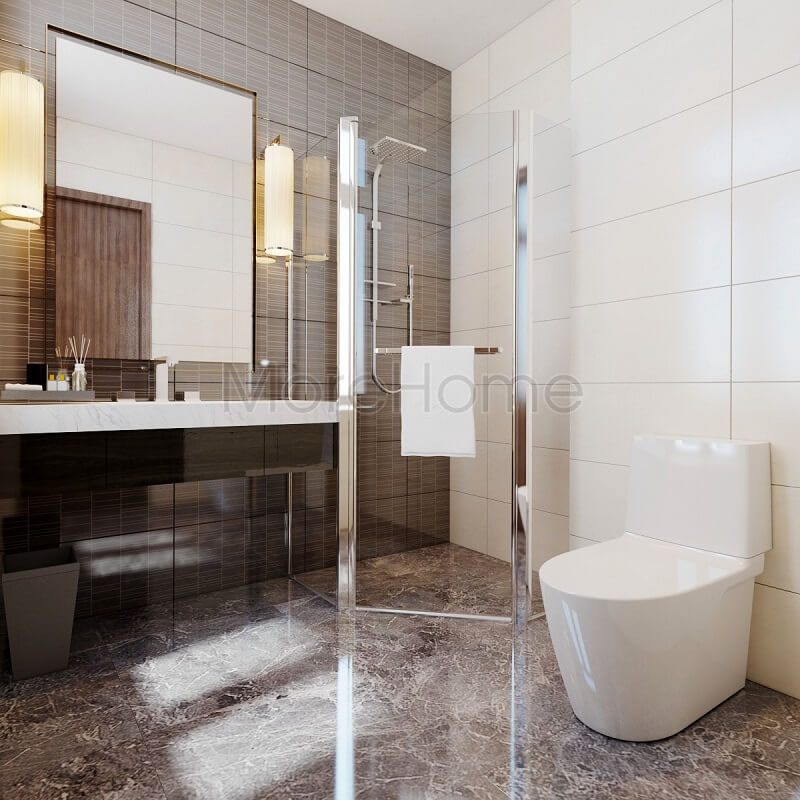 Thiết kế phòng tắm đẹp cho khách sạn 5 sao sử dụng gạch lát nền màu nâu sang trọng và vách tắm kính cao cấp