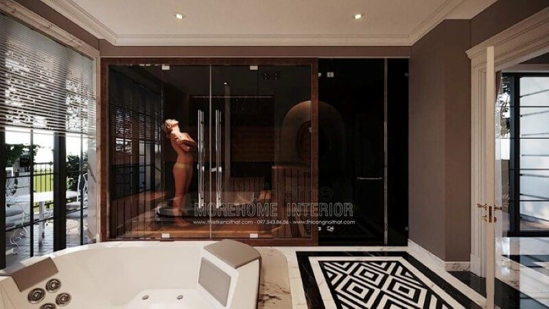 Vách tắm kính cửa mở quay ấn tượng với sắc đen sang trọng trong phòng tắm hiện đại, cao cấp.