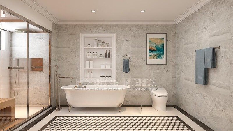 Bồn tắm độc lập Vitoria Hafele cao cấp kết hợp cùng cách sắp xếp khoa học, thẩm mỹ từ đá ốp tường, gạch lát nền giả cổ, vách tắm kính đã tạo nên không gian phòng tắm đẹp, sang trọng, độc đáo.