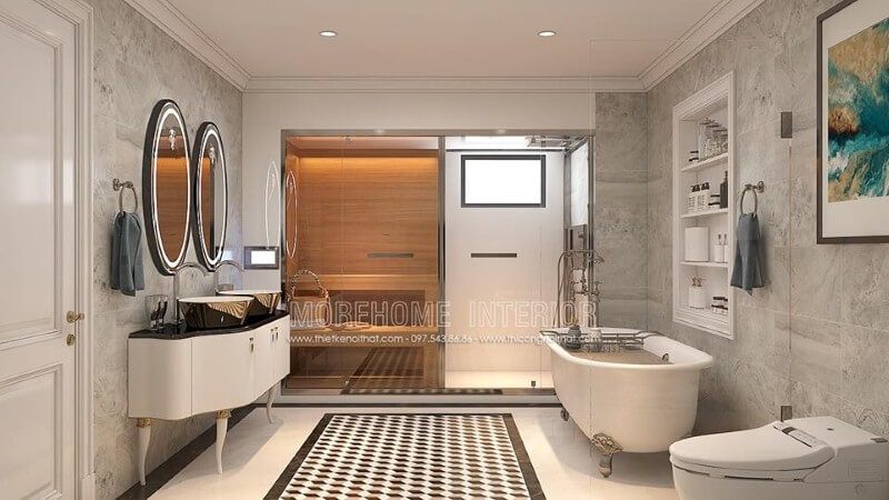 Thiết kế nội thất phòng tắm tân cổ điển đẹp, sang trọng có phòng xông hơi, bồn tắm gia đình cao cấp.