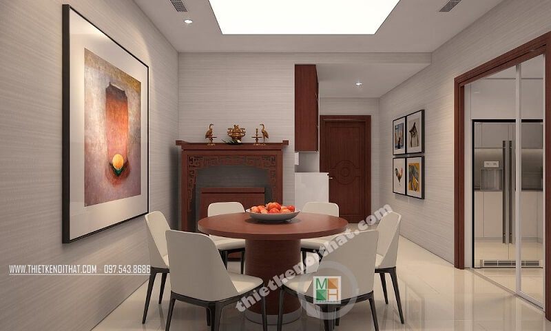 Thiết kế nội thất căn hộ chung cư Royal City Thanh Xuân hiện đại với phòng bếp và bàn ăn liền kề rất thuận tiện mang đến cảm giác gần gũi cho gia chủ.