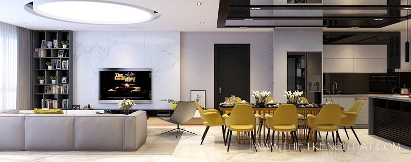 Thiết kế nội thất chung cư Thăng Long Number One hiện đại với sự kết hợp hài hòa ánh sáng và màu sắc trong căn nhà giúp tạo độ thoáng không gian căn phòng.