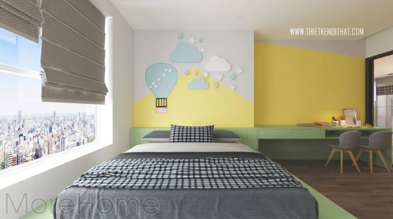 Không gian phòng ngủ cho bé thiết kế với gam màu sắc tươi sáng, đồ nội thất hiện đại