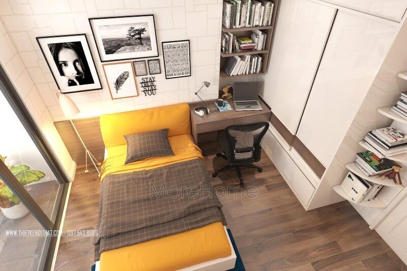 Phòng ngủ bé gái được thiết kế với mảng tường đầu giường sử dụng giấy dán tường ô giả gạch màu trắng nhẹ nhàng, hệ thống bàn học, kệ trang trí và tủ áo mang đến tiện nghi nhất định.