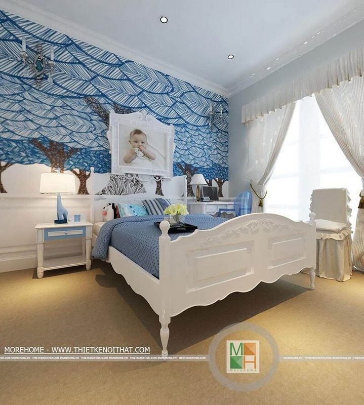 Thiết kế phòng ngủ cho bé trai với tông màu xanh- trắng tạo cảm giác tươi mát, năng động cho không gian của bé