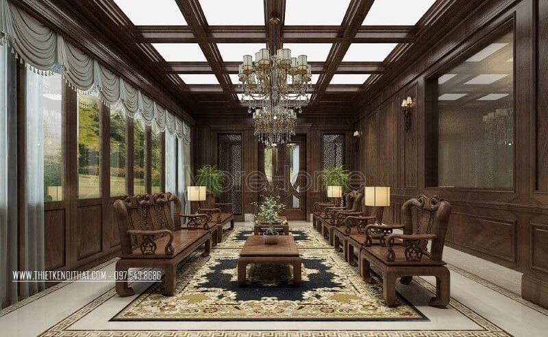 Thiết kế phòng khách gỗ óc chó