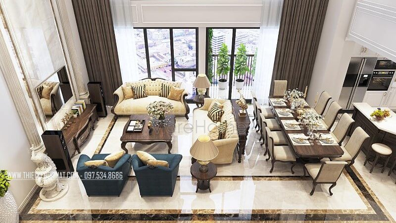 Thiết kế phòng khách gỗ óc chó